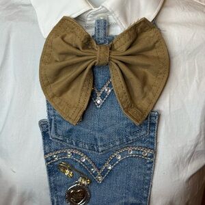 Denim Bib with Khaki Bow Necklace Accent-tie